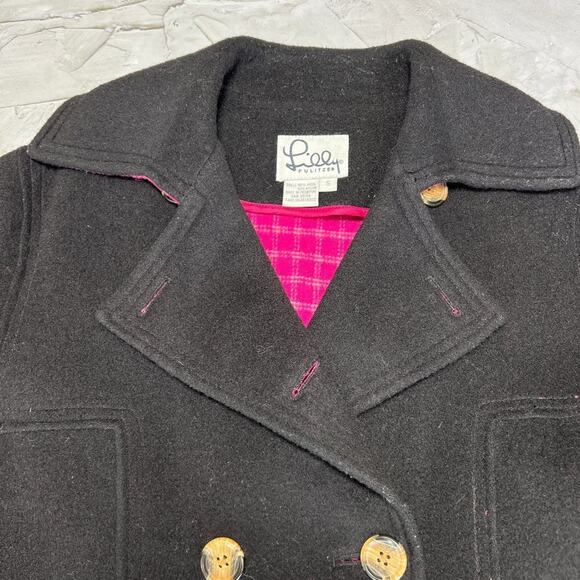 Lilly Pulitzer Wool Pea Coat SIZE Small Black Pink Lining Jacket Pockets - Picture 5 of 12